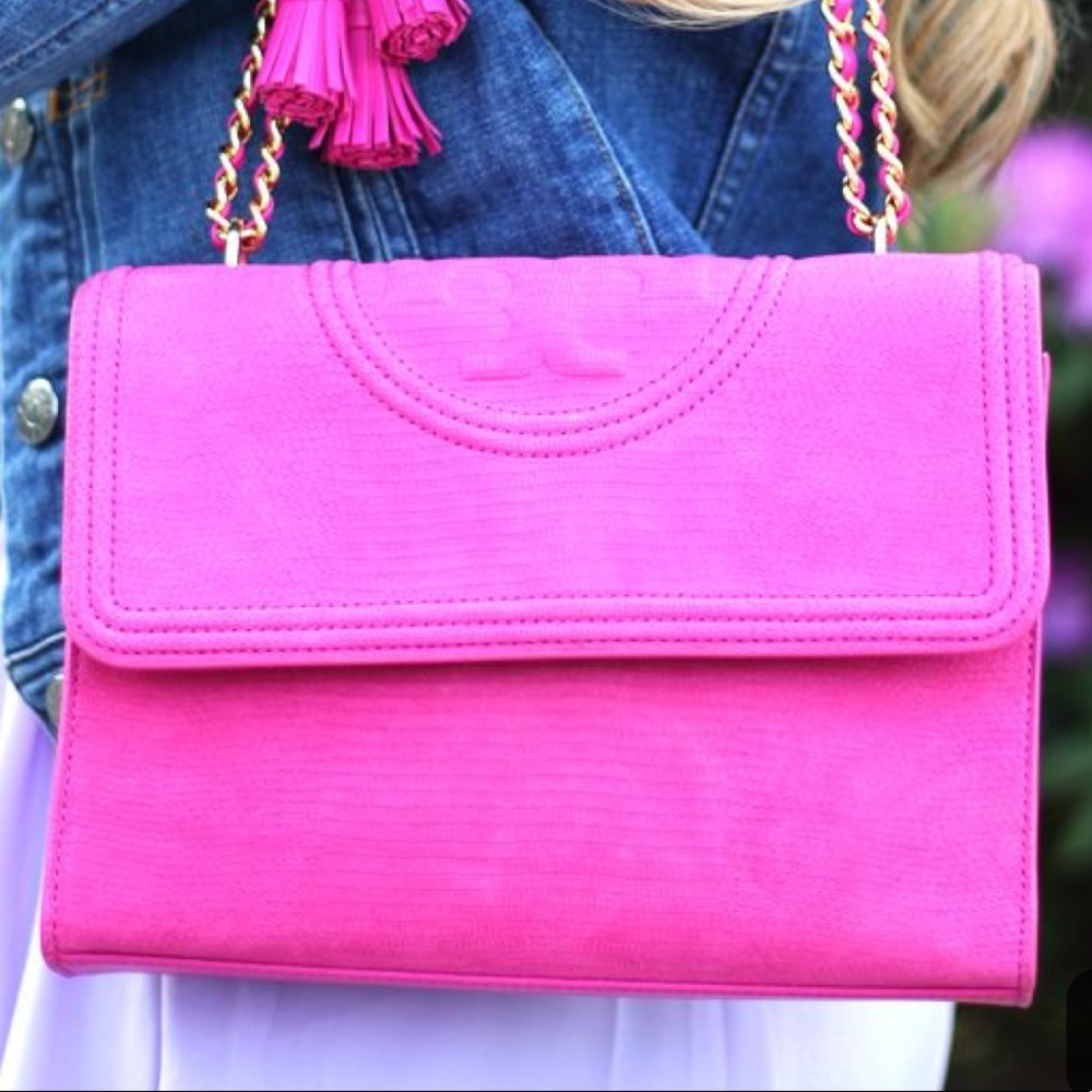 Pink snakeskin Tory Burch flemming large crossbody